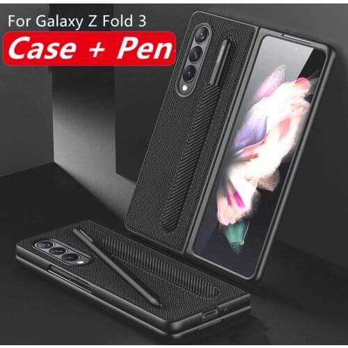 For Samsung Galaxy Z Fold 3 Case With Pen Holder Cover For Galaxy Z Fold3 5G Grain Leather Case With S Pen Slot