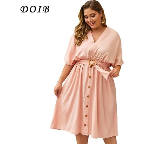 DOIB Plus Size Solid Color Dresse Batwing Sleeve V Neck Button Sashes Dress XL 2XL 3XL 4XL