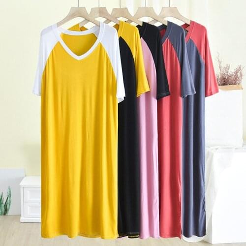 Fdfklak Spring Summer Ice Silk Short Sleeve Nightgwon Nighty Casual Home M-XXL PLUS SIZE Long Sleep-Dress Loungewear