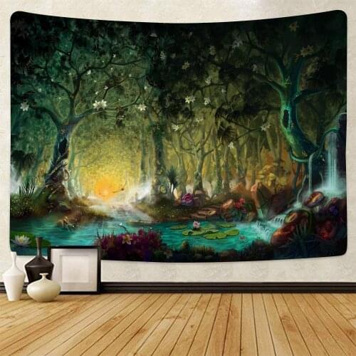 Virgin Forest Tapestry Green Tree in Misty Forest Wall Hanging Nature Scenery Wall Tapestries Decor for Living Room Bedroom