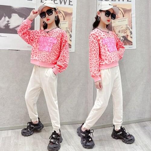 Kids Girls Pink Leopard Print Alphabet Clothes Set 2021 Autumn New Korean Two-piece Halloween Street Dance Designer Costume Set