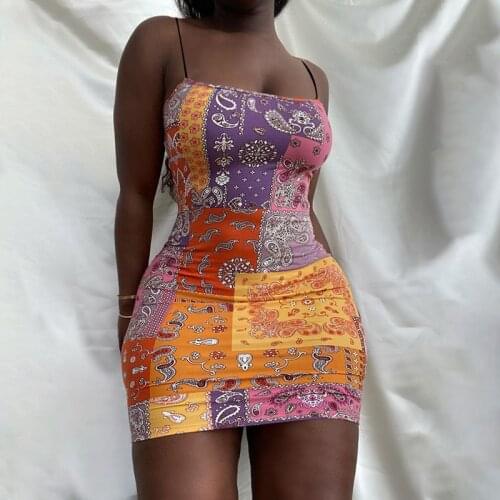 Echoine Summer Sleeveless Strap Mini Dress Skinny Bodycon Vintage Print Vestidos Party Club Streetwear