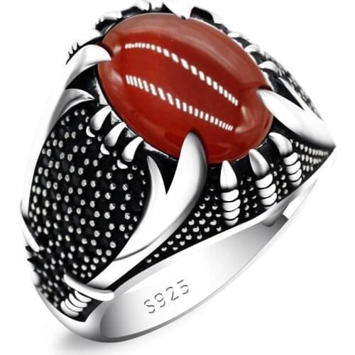 Islamic Men Ring with Red Agate 925 Sterling Silver Zulfiqar Sword Male Ring Black Zircon Turkish Muslim Religion Jewelry Gift