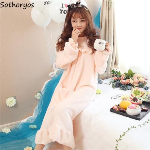Nightgowns Women Leisure Coral Fleece Soft Warm Comfortable Solid Kawaii Korean Style Daily O-neck Elegant Thickening womens
