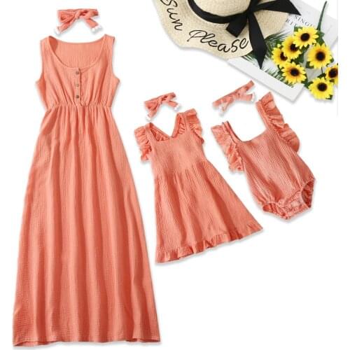 Matching Outfits Dresses Summer Mommy And Me Solid Sleeveless Button Baby Romper Maxi Dresses+Headband Family Matching Set