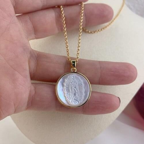 Our Lady of Guadalupe Pendant Necklace Women Fashion Natural Mother of Pearl Shell Round Medal Jewelry