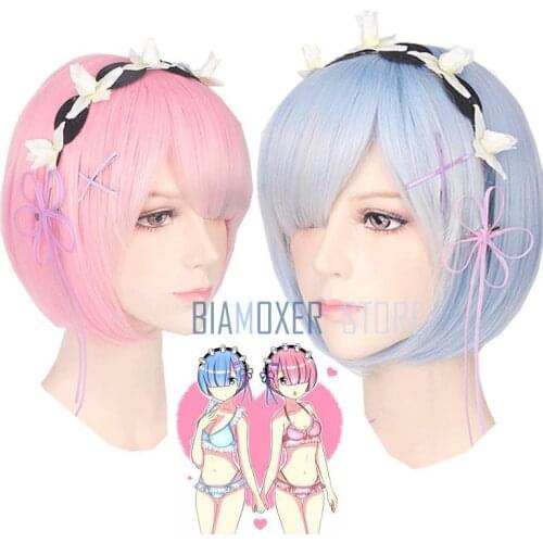 Re zero Ram Rem Wigs Headdress Re:Life In A Different World From Zero Cosplay Costumes Blue Pink Swimsuits