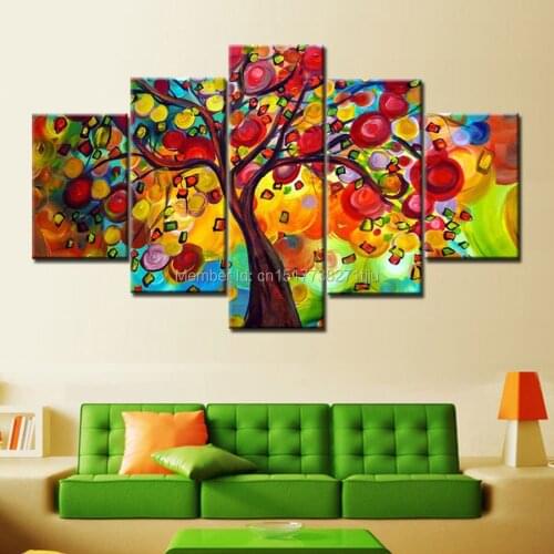 Hand Painted colorful tree oil paintings 5 piece canvas art Modern Home Decoration muiti color wall pictures for living room