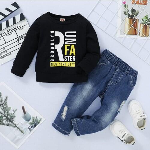 Children Long Sleeve Cotton Sweatershirt + Jeans Pants 2 PCS Fashion Infant Tracksuits Denim Jeans Boys Clothes