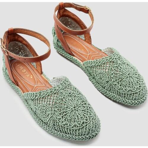 Womens Green Mesh Detailed Knitwear Wrist Baretli Sandals Retro Bohemian Women Sandals Fashion summer sandals soft platform elastic Retro Bohemian Women Sandals Fashion floral print sewing shoes Rhinestone design