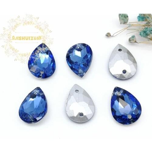 Light Sapphire water-drop shape Glass Crystal sew on rhinestones with two holes Diy wedding dress accessories Free shipping