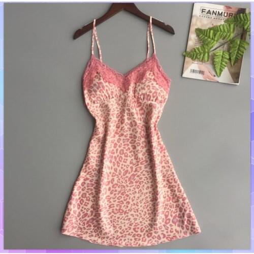 Sexy Ice Silk Lingerie Little Pink Leopard Nightgown Womens Sleepwear Sling Night Dress Animal Pattern Females Home Clothes
