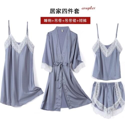 Sexy Womens pajamas Sets Lace Trim pijamas 4 Four Pieces Sleepwear Womens Sleep Set Faux Silk Robe Femme Lingerie