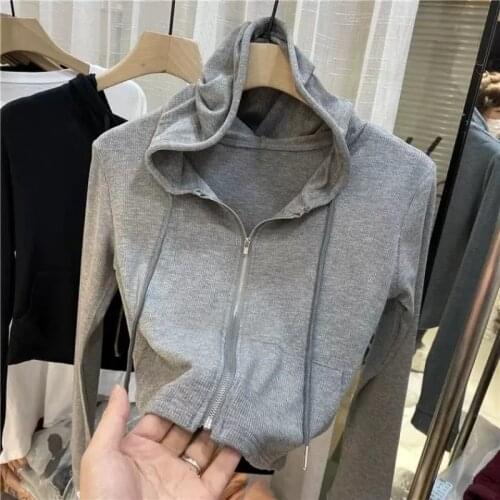 2021 Women Spring Zipper Crop Cardigan Short Hooded Jacket