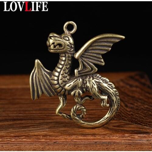 Vintage Flying Dragon DIY Keychain Jewelry Accessories Brass Key Chain Pendants Western Cartoon Dragon Keyring Necklace Hangings