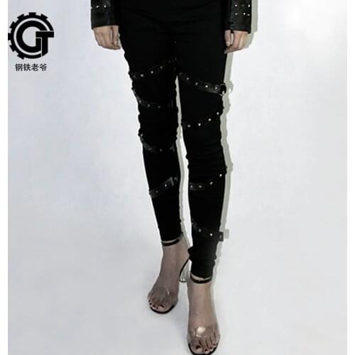 Gothic Punk Women Pants Black Long Pants Leather Belts Zipper Casual Trousers