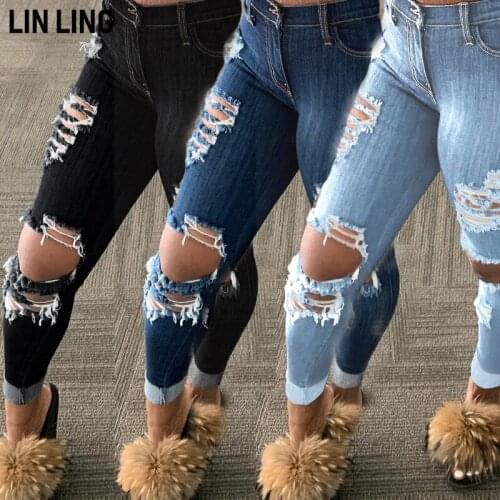 LINLING Summer Popular Leisure High Waist Hole Tassel Pocket Bodycon Fashion Women Bottoms Denim Pants