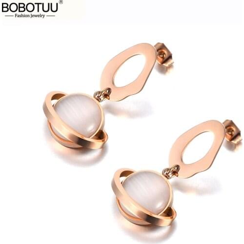 BOBOTUU Trendy Titanium Stainless Steel Love Planet Earrings For Women Girls Rose Gold Pink Opal Stud Earrings Jewelry BE19205