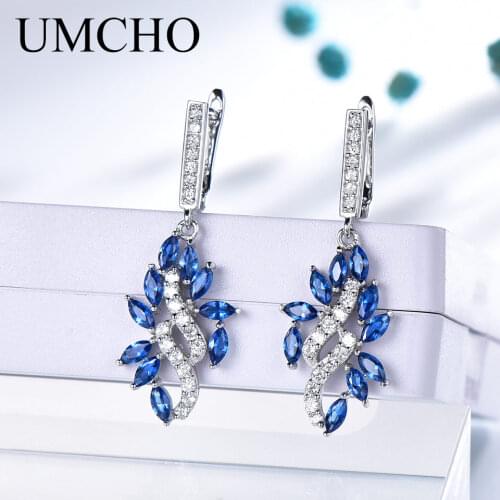 UMCHO Real 925 Sterling Silver Korean Clip Earrings Created Sapphire Gemstone Earrings For Women Wedding Gift Fine Jewelry