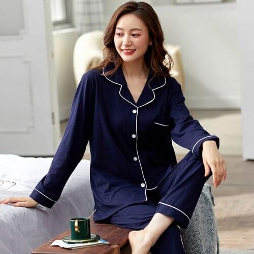 Winter Pajama for Women 100% Cotton PJ Autumn Full Sleeves Soild Navy Pijamas Women Pure Cotton Sleepwear Soft Pyjama Femme