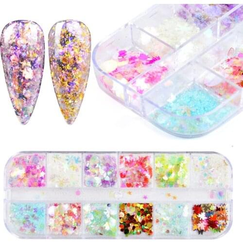 FWC 12 Grids Mixed Nail Glitter Mirror Sugar Sequin Powder for UV Gel Flakes Manicure Tips Nail Art Mermaid Pigment