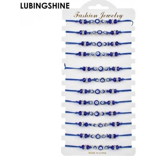 12pcs/Sets Turkish Blue Evil Eye Charms Bracelets Crystal Bead Handmade Adjustable Rope Chain Anklets Girl Women Couples Jewelry