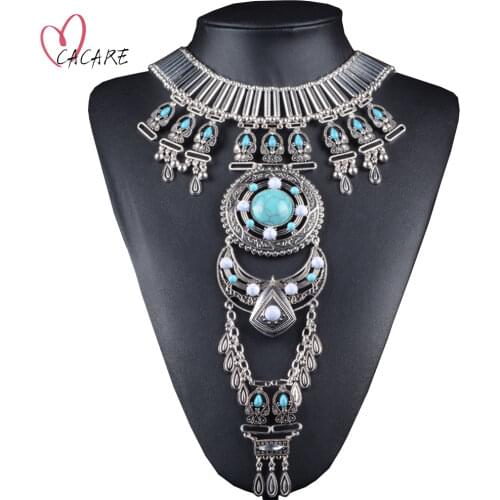 Big Vintage Necklace Women Long Pendant Choker Collar Statement Female Palace Jewelry F1204 Metal with Turquoise Wholesale