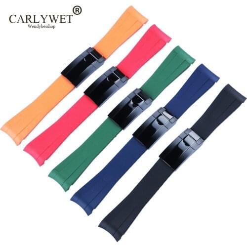CARLYWET 20mm Curved End Rubber WatchBand Strap With 9mm*16mm Black Watch Buckle Clasp For Rolex Daytona GMT Submariner Datejust