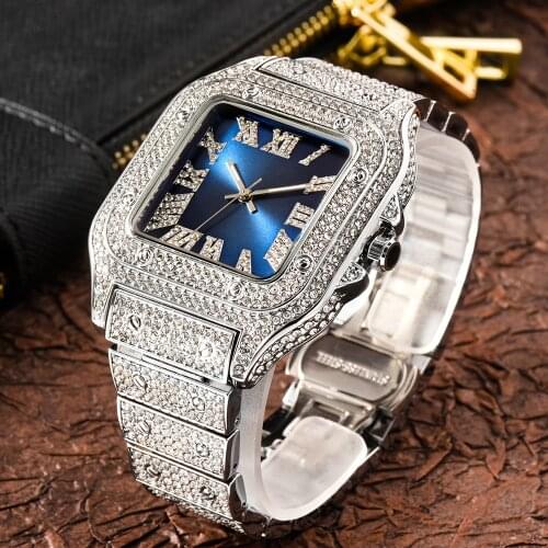 MISSFOX Blue Rectangle Watches for Men Luxury Hiphop Full Iced Out Watches Sliver Diamond Quartz Wristwatch Men Watch de Lujo