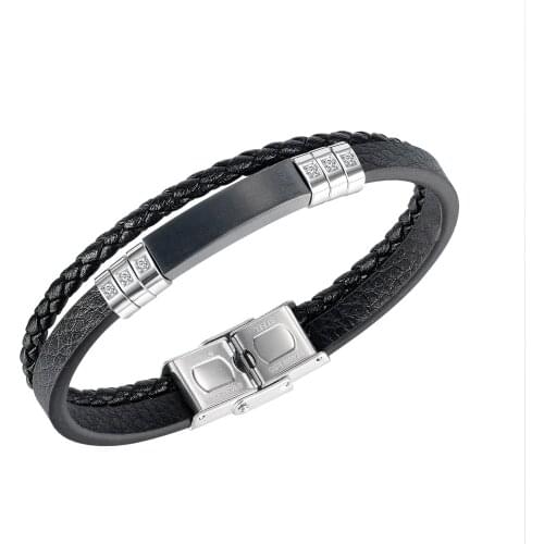 Cyue European Men Punk Braided Leather Black Plant Charm With CZ Bracelet Stainless Steel Button Wristband Jewelry ZYLB0199