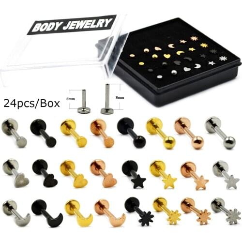 Showlove-24Pcs/Box Stainless Steel Different Designs Monroe Labret Lip Bar Ring Earring Cartilage Piercing Body Jewelry 16G