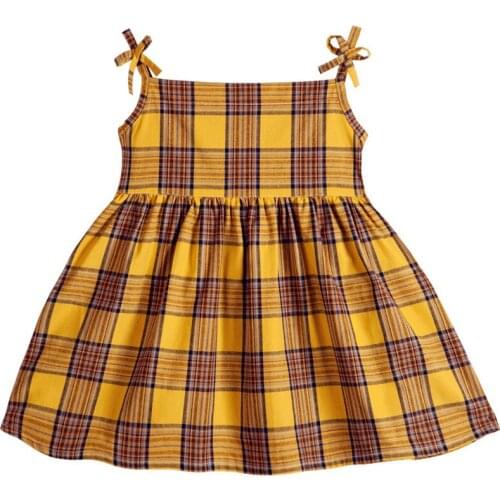 Summer girls dress cotton square collar plaid dress bow dress small childrens clothing