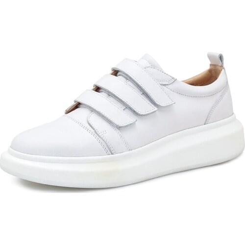 New Spring VELCRO white Casual shoes gym Loafers Genuine Leather Goodyear Round Toe Party Dress Shoes flat