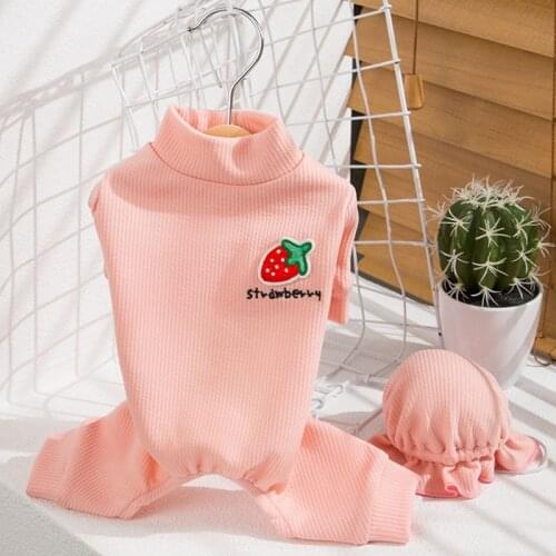 Cute Winter Strawberry Embroidery Pet Jumpsuits With Cap Dog Warm Pajamas Clothing For Small Dogs Suit For Yorkies Ropa Clothes