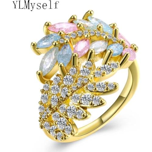 Leaf trendy ring aneis Blue Pink zircon stones Gold plate Beautiful female jewelry Pretty excellent finger ring