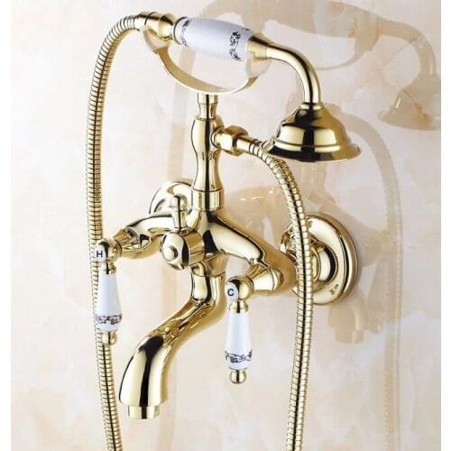 Gold Polished Brass Two Levers Wall Mounted Clawfoot Bath Tub Faucet Mixer Tap Telephone Style Hand Held Shower Head atf079
