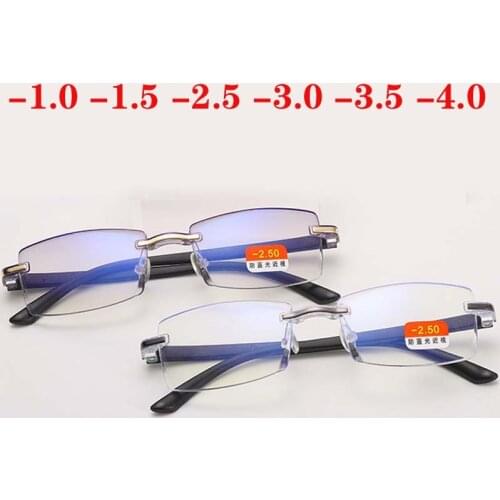 -1 -1.5 -2 -2.5 -3 -3.5 -4 Finished Myopia Glasses Anti Blue Light Rimless Eyeglasses Gold&Gray Frame Short Sighted Eyewear
