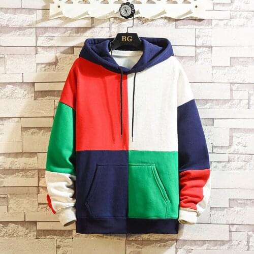 Autumn and winter mens casual sweatershirt fashion stitching contrast color plus velvet thick hooded pullover sweatshirt hoodie