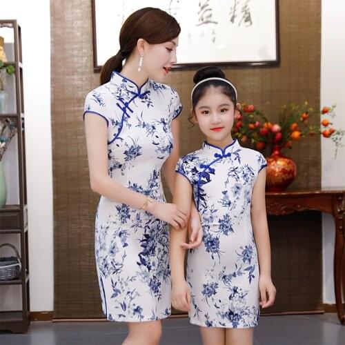 Chinese tradition Style Cheongsam For Girl and Women Summer New Cotton Linen Evening Party Qipao Princess Dress