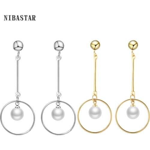 NIBASTAR Long Pearl Drop Earrings For Women Stainless Steel Elegant White Round Pearl Pendent Earring Party Wedding Jewelry