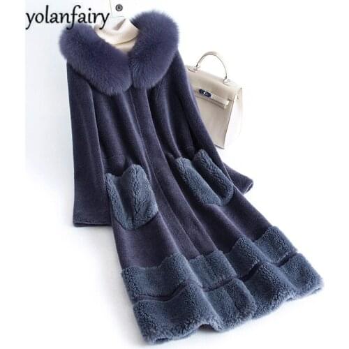 Real Fur Coat Sheep Shearling 100% Wool Coats Fox Fur Collar Hooded Women Autumn Winter Jacket Female Jackets S1210 YY553