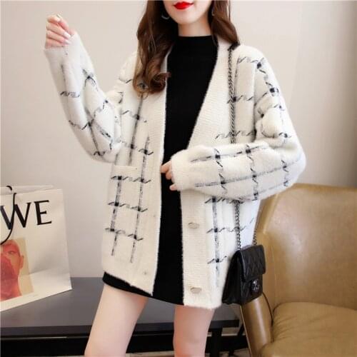Imitation Mink Thick Sweater Women Coat Autumn Winter Loose Plaid Sweater Women Casual Knitted Cardigan Mujer With Pocket