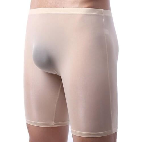 Mens Long Boxer Men Ultra Thin Ice Silk Underwear Mens Long Leg Boxershorts Exciting Transparent U Convex Pouch Male Panties