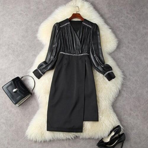 European and American womens wear new autumn 2022 Long sleeve lantern sleeve chain splicing fashion Black dress