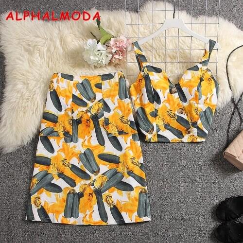 ALPHALMODA 2019 Summer Padded Button Jacket + A-line Pocket Skirt Women 2pcs Fashion Suit Knee Length Skirt Female Printed Set