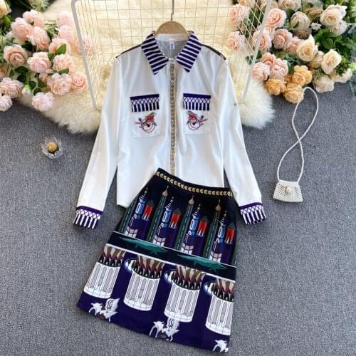 2021 Summer Outfits Women Print Ribbon Long Sleeve White Shirt Top + High Waist A-Line Mini Skirt Elegant Two Pieces Skirt Set