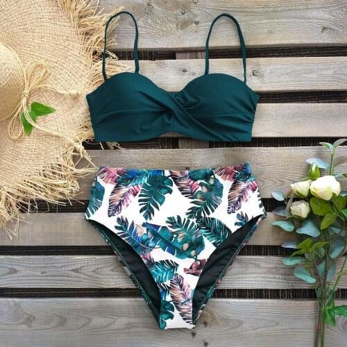 2021 Sexy Leaf Print Bikini Female Swimsuit Women Swimwear Thong Push Up Bikinis Set High Waist Swimming Suits for Bathing Suit