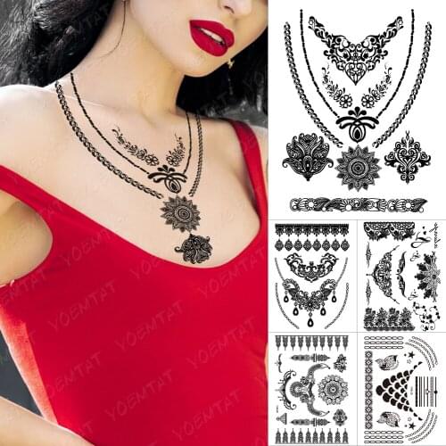 Black White Indian Bride Henna Mandala Temporary waterproof Tattoo Sticker Lotus Mehndi Lace Fake necklace Body Art For Women