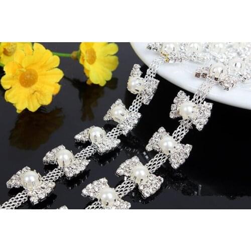 Flower Crystal Clear bowknot Glass Rhinestone Cup Chain Silver Base Dress Belt Trim Applique Sew on Garment