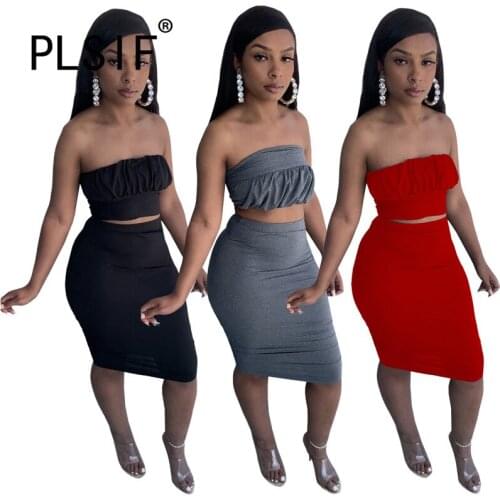 European New Summer Skirt Set Solid Strapless 2 Pieces Crop Top And Mini Skirt Outfits Tracksuits